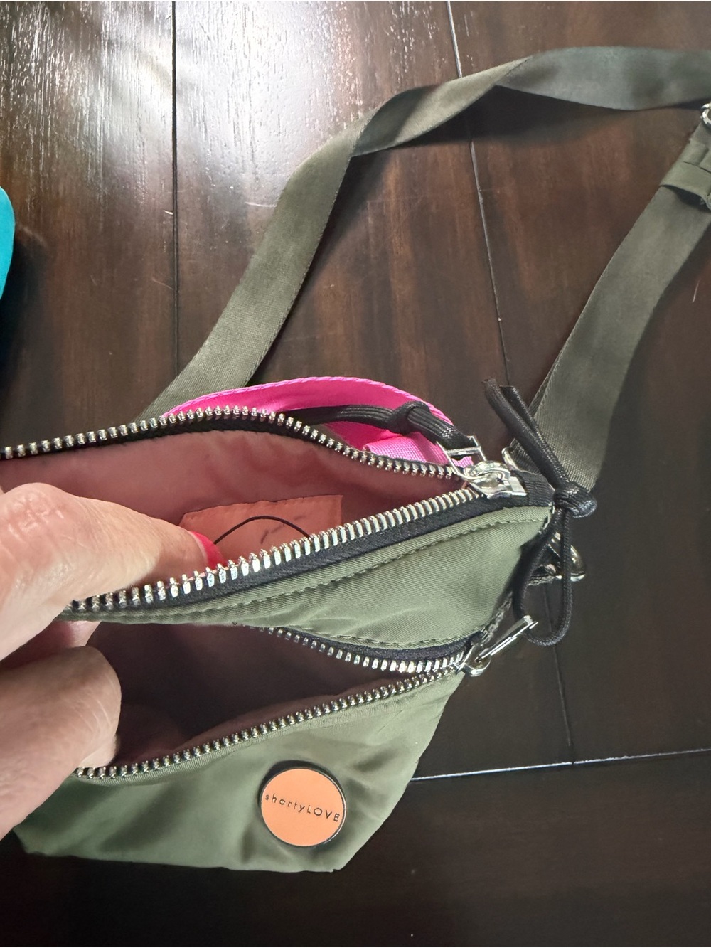 Olive Green Messenger Crossbody Bag with Pink Interior - Picture 2 of 4